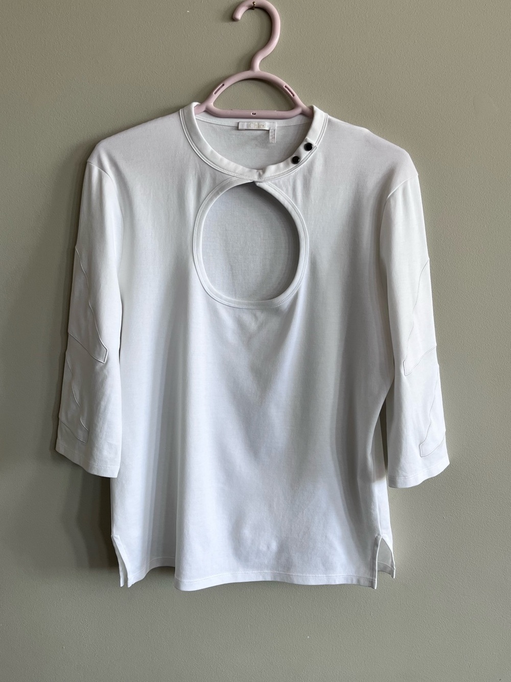 Chloé White Cotton Cutout Top L Keyhole 3/4 Sleeve Designer Made Portugal